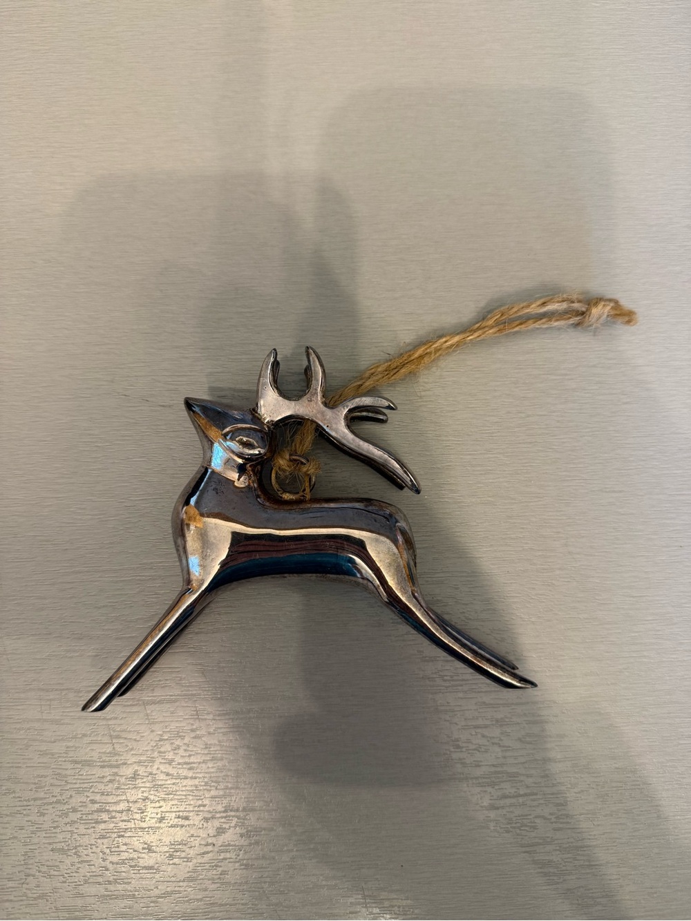 Vintage Pottery Barn silver Reindeer Hanging Ornament - Polished Metal Accent